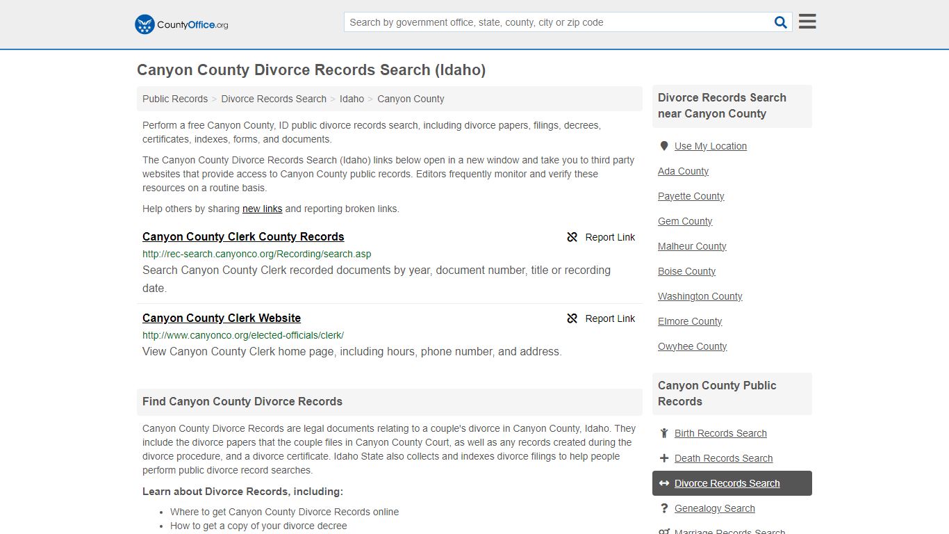 Canyon County Divorce Records Search (Idaho) - County Office
