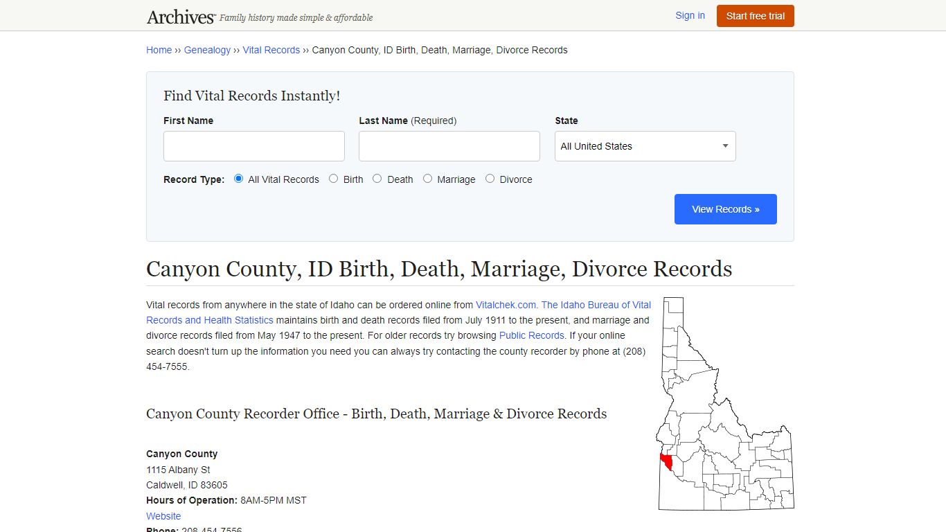 Canyon County, ID Birth, Death, Marriage, Divorce Records - Archives.com